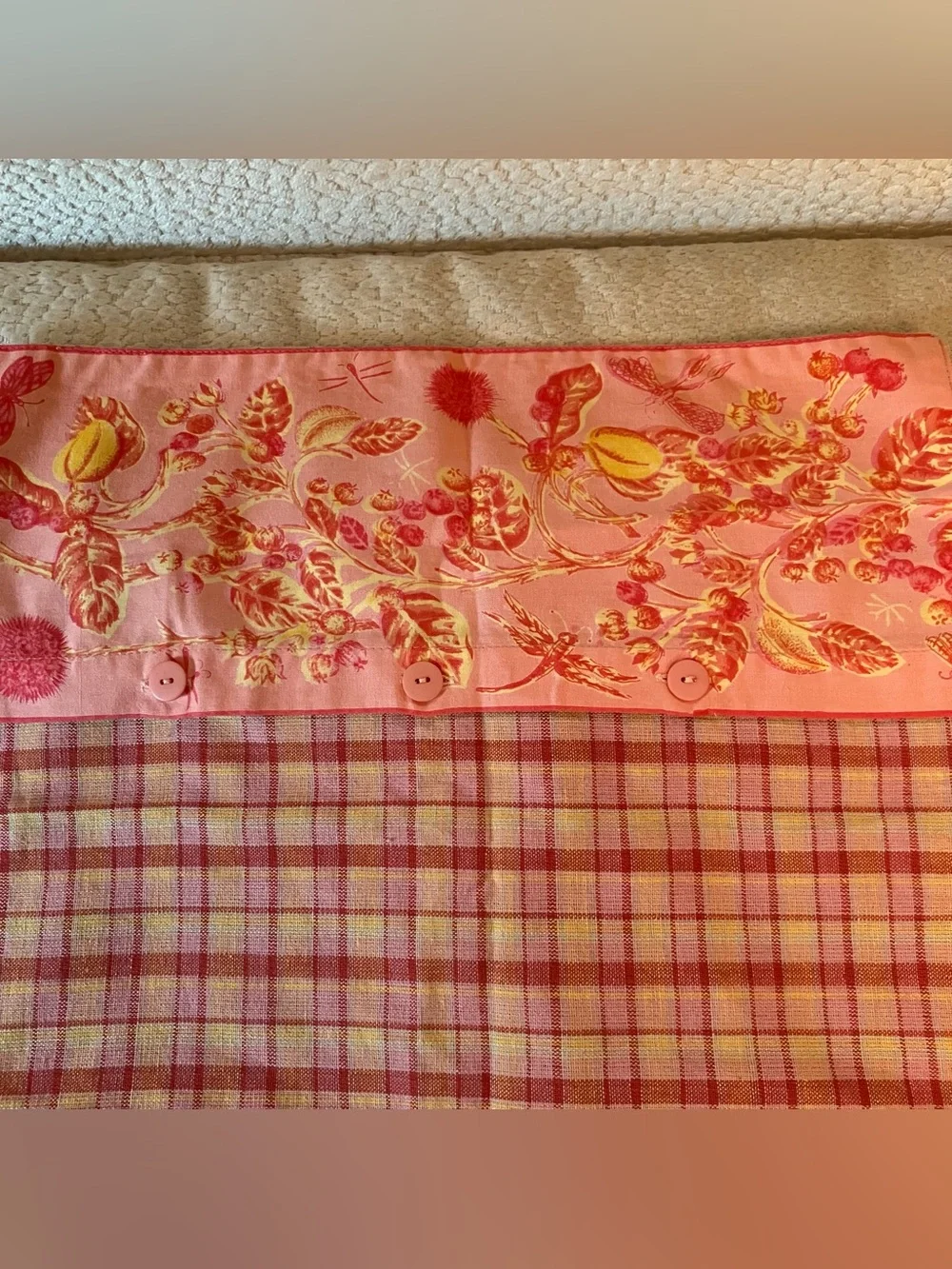 VTG April Cornell French Country Pink Plaid Floral Pillow Cover Button 15.5in